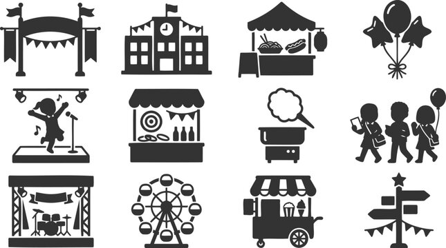 School festival icons with stage performance and ferris wheel and students and food stalls for school event design