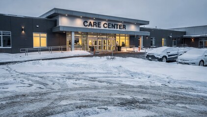 Fototapeta premium Snowy winter medium shot showcasing the care facilitys front with frosted signage shoveled accessibility pathways and tire tracks in the parking area.