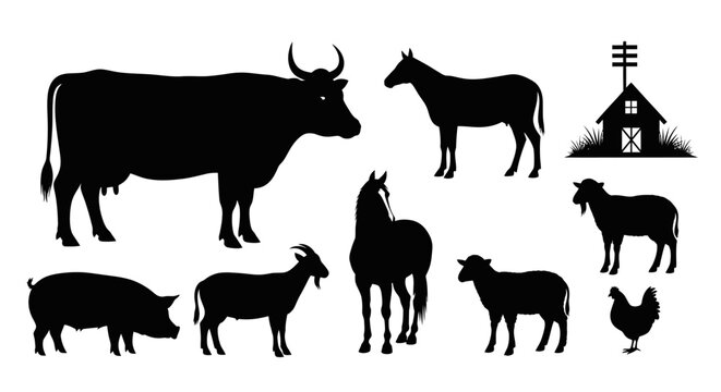 Farm animals and barn silhouettes on white background