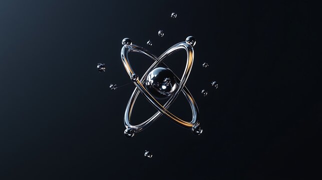 Animated 3D rendering of an atom, gold and silver orbitals