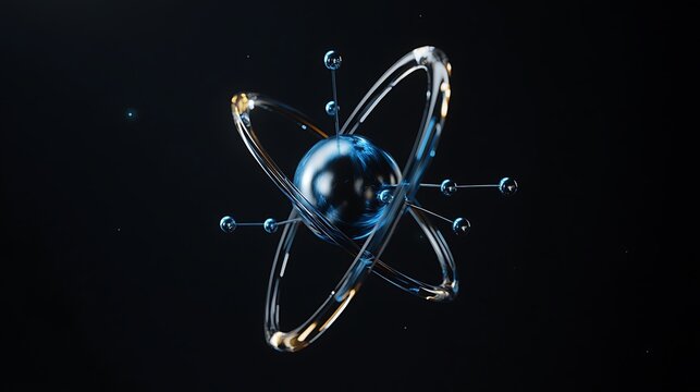 Animated 3D rendering of an atom, glowing blue and gold