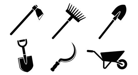 Gardening tools icons set including shovel rake wheelbarrow hoe and trowel on white background © Ritu