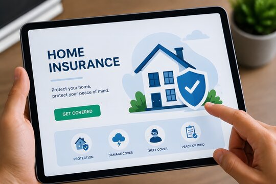 A hand holding a tablet showing a home insurance website for the concept of property protection and financial security.