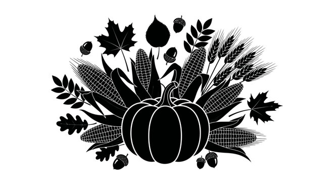 Harvest symbols with pumpkin corn leaves acorns wheat