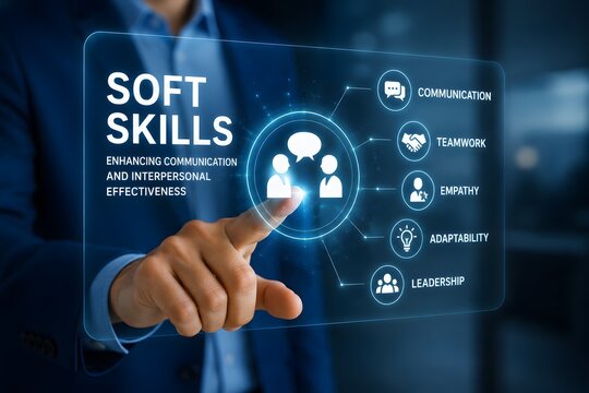 A businessman pointing to a digital interface displaying soft skills for the concept of professional development.