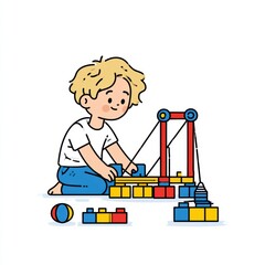 Obraz premium A boy is engaged in building a bridge using colorful blocks while testing its strength with weights. He enjoys the challenge during playtime.