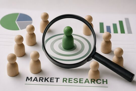 Market research with a magnifying glass over a target and wooden peg figures for the concept of business analysis.