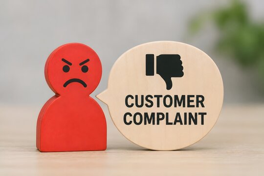 A wooden figure expressing anger with a speech bubble saying Customer Complaint to represent dissatisfaction and negative feedback.