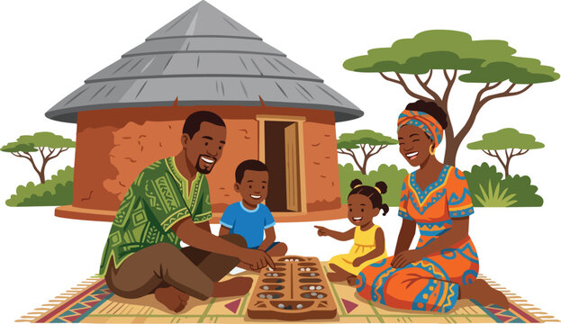 Happy African Family Playing Traditional Board Game Outside Rustic Hut in Lush Savanna Setting Vector Illustration boardgame children parents tracing