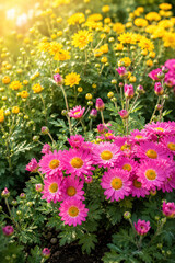 Fototapeta premium Pink and yellow chrysanthemums blooming in sunny autumn garden