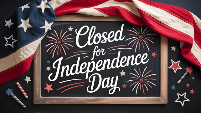 Closed for independence day sign on a chalkboard with an american flag draped over the top, surrounded by festive firework illustrations and star decorations on a dark background