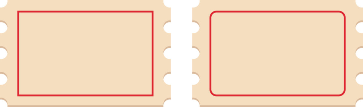 Blank vintage ticket stub set with red border and serrated perforated edges. Two retro coupon templates with empty copy space. Vector design for event, raffle, admission, and promotion.
