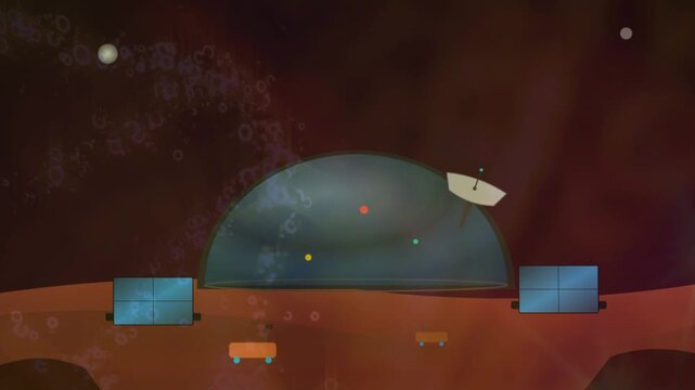 Animated colony on Mars with research dome and rovers on red planet surface
