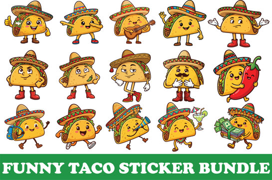 Cute Funny Taco Character Sticker Bundle Illustration Set