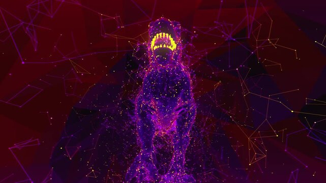 Seamless VJ loop of low poly T-Rex and geometric plexus style connections for high-tech club visuals, electronic music festivals, stage screens and for LED video walls