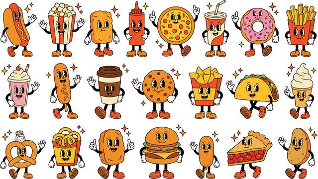 Large collection of retro cartoon fast food characters with funny faces in a classic vintage rubber hose groovy comic style illustration