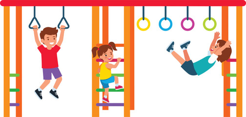 Happy cartoon children playing on a colorful playground jungle gym hanging from rings bars and climbing ladders vector illustration © Rakib
