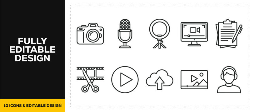 flat vector illustration line art icon bundle set design featuring photography videography camera equipment microphone lighting vlogging studio streaming broadcast tools