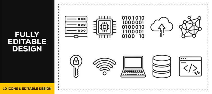 flat vector illustration line art icon bundle set design covering it infrastructure cloud computing servers binary code networking wifi signal database web technology