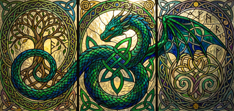 Mythical Celtic Dragon Stained Glass With Intricate Knotwork Details