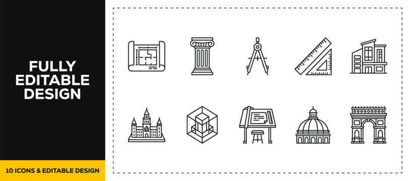 flat vector illustration line art icon bundle set design of architecture drafting building blueprint construction tools compass project engineering structural planner ui