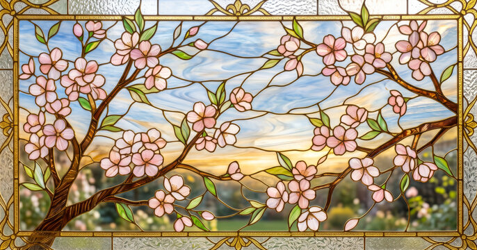 Sakura Cherry Blossom Stained Glass Design with Golden Leading Lines