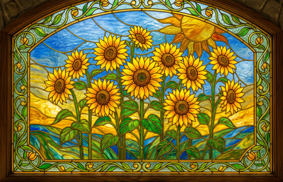 Radiant Sunflower Stained Glass Artwork with Golden Leading Lines 8K