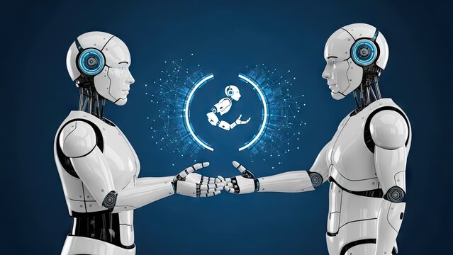 Robotic figures holding hands with digital symbol in futuristic technology concept