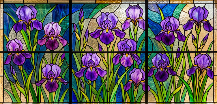 Majestic Purple Iris Flowers Stained Glass Panel Art Illustration