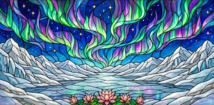 Northern Lights Stained Glass Landscape With Brilliant Aurora Colors