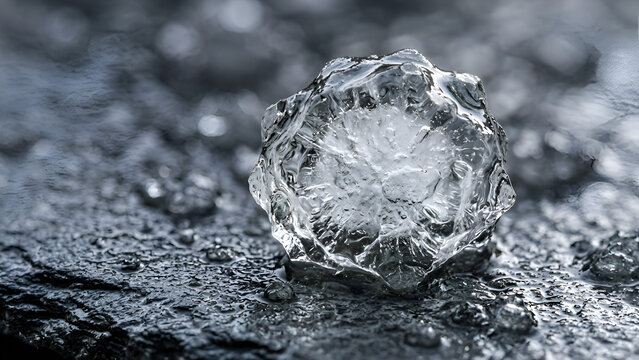 Crystal ice cube melts on dark textured surface with water droplets, closeup macro shot.