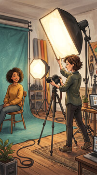 Studio photographer adjusting lighting while capturing a portrait session, Cartoon semi-realistic illustration, softbox lights glowing, professional creative atmosphere