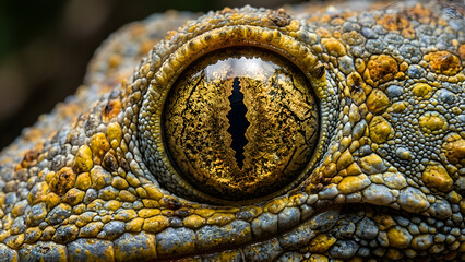 Naklejka premium Macro close-up of a gecko's eye, intricate scales, golden iris, reptile detail