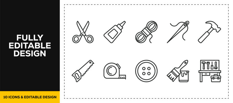 flat vector illustration line art icon bundle set design featuring tailoring sewing crafting scissors thread needle tape measure fashion handmade clothing boutique ui