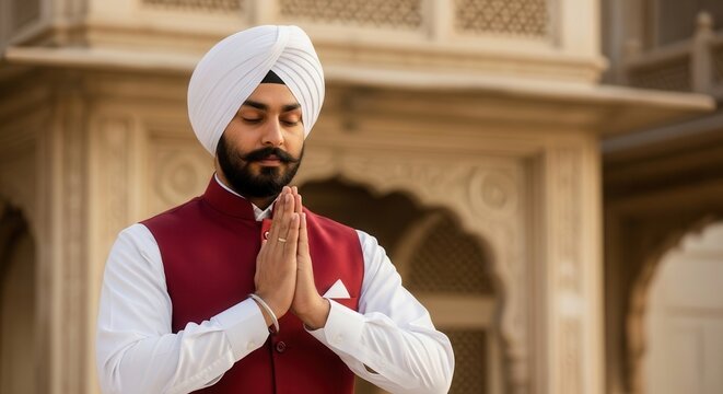 Man with white turban and beard praying with hands together. Traditional architecture in the background.
