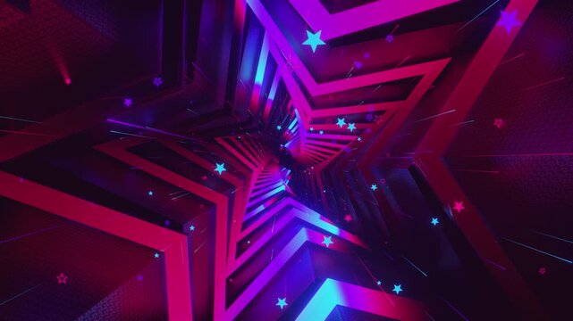 Seamless digital star vortex with rhythmic motion and glowing geometric elements, creating a deep perspective background for stage screens and event displays.
