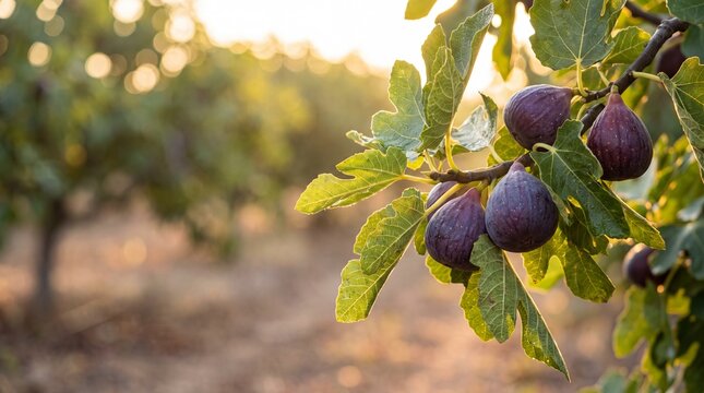 Fresh ripe purple figs hanging on a branch with green leaves in a sunlit orchard during golden hour harvest season with copy space