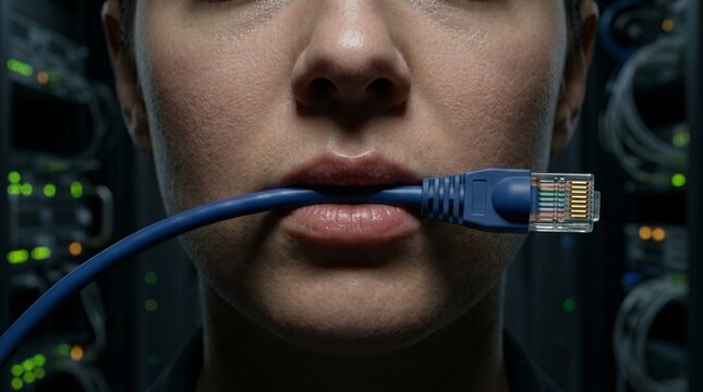 Mujer sosteniendo conector de red RJ45 en los labios 