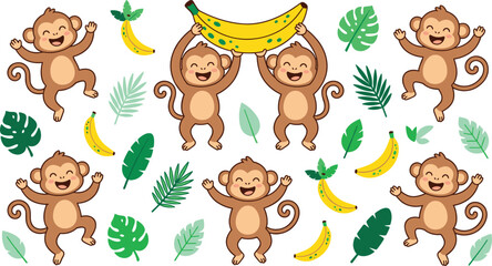 Cute cartoon monkey character set with happy chimpanzees holding bananas and dancing among green tropical jungle leaves vector illustration © Rakib