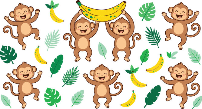 Cute cartoon monkey character set with happy chimpanzees holding bananas and dancing among green tropical jungle leaves vector illustration