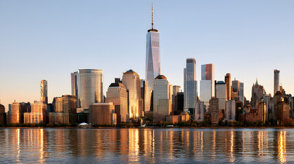 Golden Hour View of New York City Skyline Reflected on Water with Warm Light and Clear Sky © Thisisbest