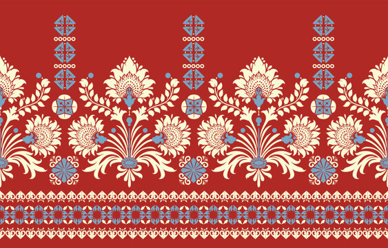 Seamless floral border pattern in red and beige vintage damask style