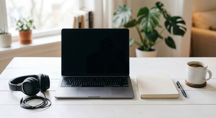 Fototapeta premium Home office desk technology details with laptop and headphones, home office desk scene showing mug, notebook, pen and plants in daylight