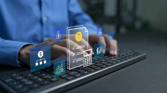 Budget planning concept. Person typing keyboard with budgeting and financial analysis icons, expense management, cost control and strategic financial planning.