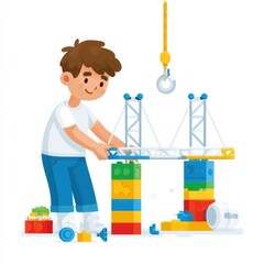 Obraz premium A boy builds a colorful Lego-style bridge and places weights to test its strength while playing in a bright and playful setting at home.