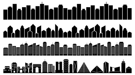 Black City Skyline Silhouettes Set Featuring Various Modern Urban Building Designs and Architecture © Vectscape
