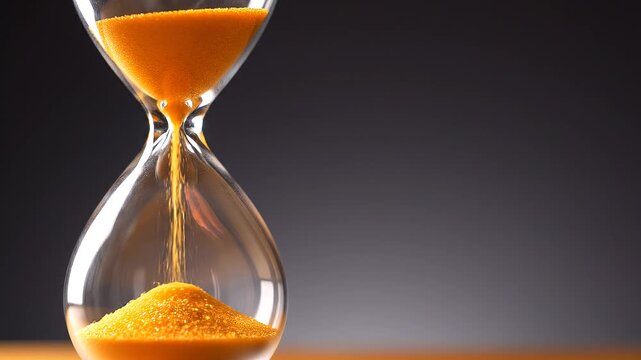 Hourglass flowing sand close up against dark background
