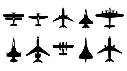 Collection of Airplane Silhouettes Featuring Various Aircraft Types in a Minimalist Vector Style © Vectscape