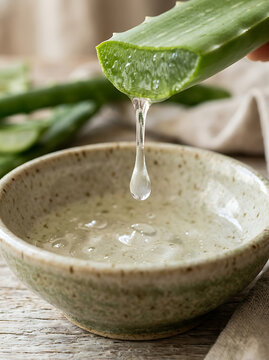 Aloe vera gel dripping into ceramic bowl on wooden table