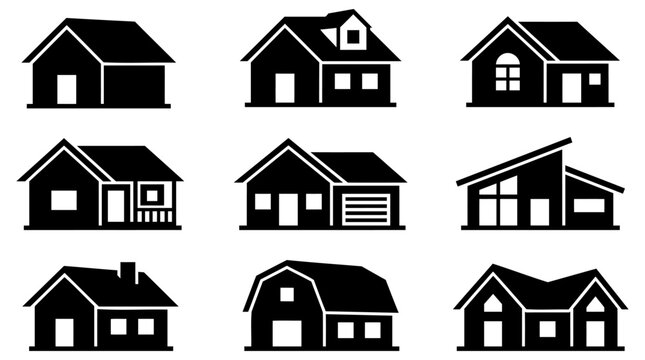 Collection of black house silhouettes featuring various residential architectural building styles